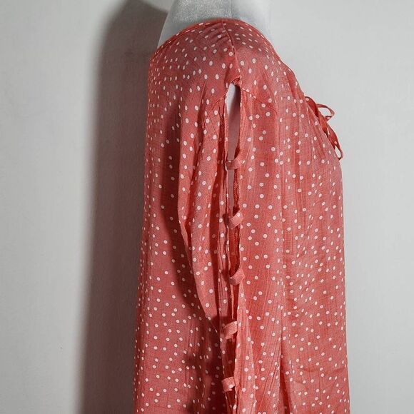 Como Blu Coral Pink Polka Dot Blouse with Cutout Detail Size Large Coral Top - Picture 3 of 9